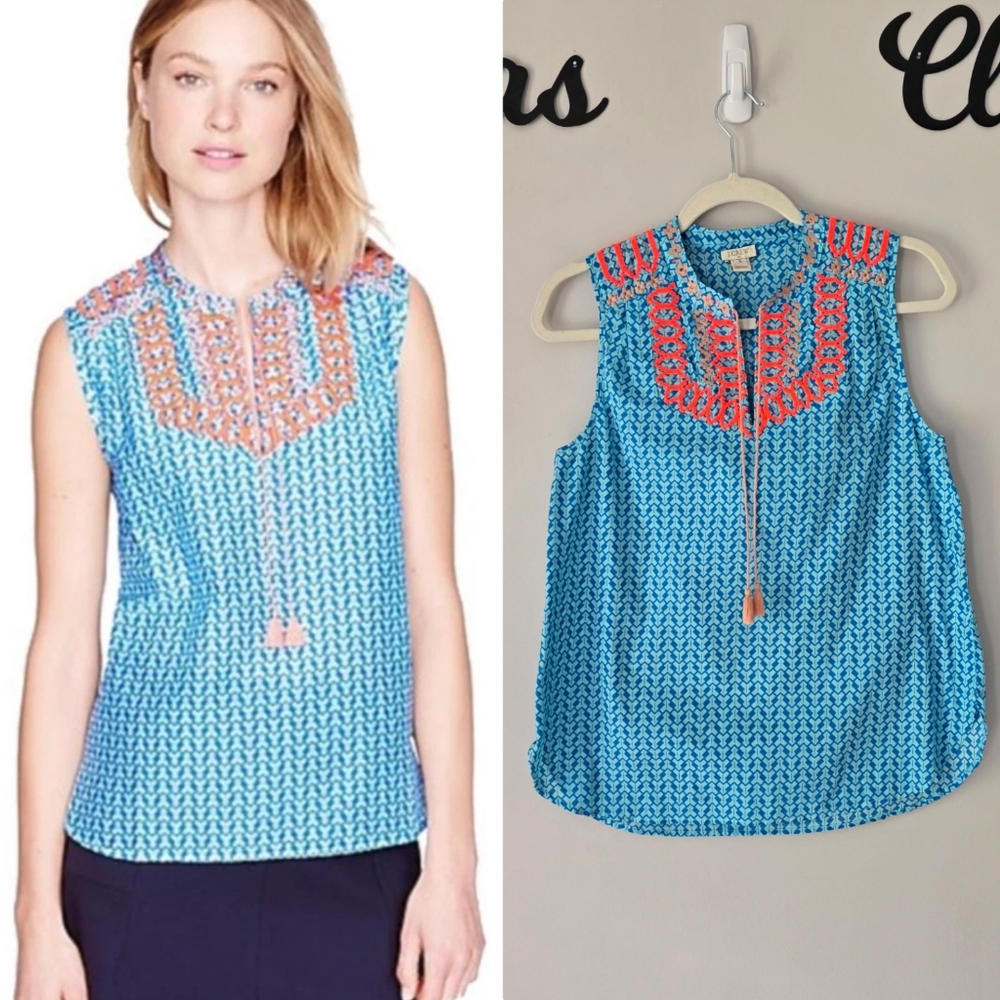 J. Crew Cotton Embroidered Tassels Sleeveless Blue Pink Tank Top Size 6